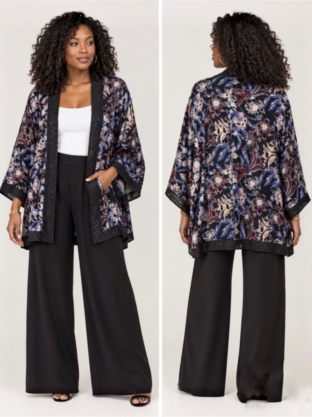 Free People Black Multi Color Floral Open-Front Kimono Cardigan Flowy Size L